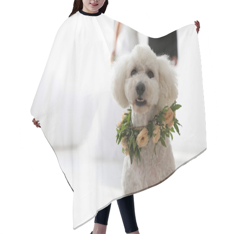 Personality  Adorable Bichon Wearing Wreath Made Of Beautiful Flowers On Wedding. Space For Text Hair Cutting Cape