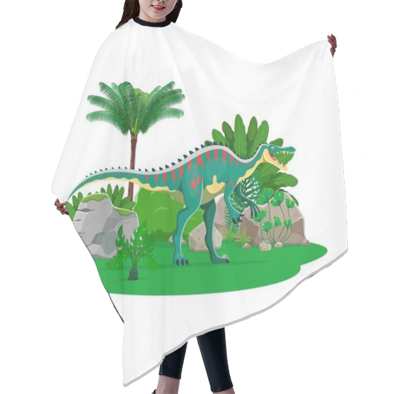 Personality  Extinct Suchomimus Dinosaur Cartoon Character. Extinct Reptile, Prehistoric Animal Or Paleontology Lizard Comical Isolated Vector Character. Jurassic Era Dinosaur Cheerful Personage Or Happy Mascot Hair Cutting Cape