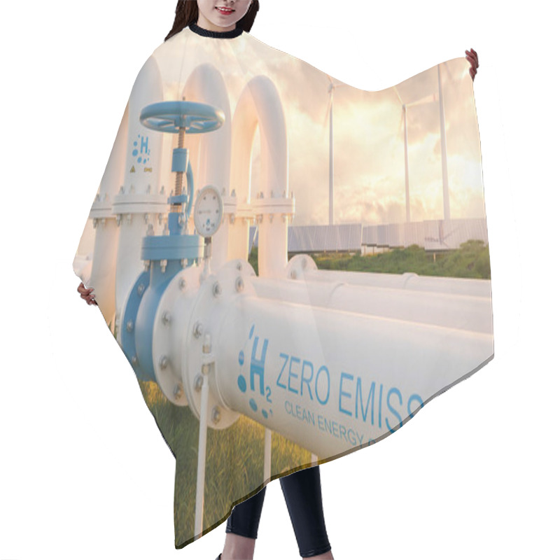 Personality  Hydrogen Zero Emission Pipeline With Wind Turbines And Solar Panel Power Plants In The Background At Sunset. Hydrogen Energy Storage Concept Image Hair Cutting Cape