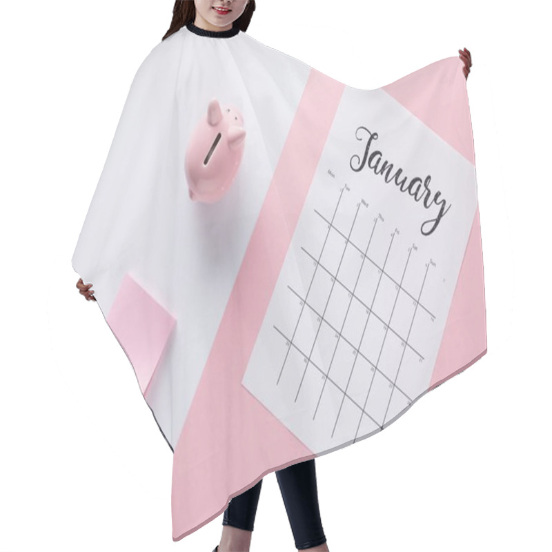 Personality  Top View Of Arranged Calendar, Piggy Bank And Empty Sticky Notes Hair Cutting Cape