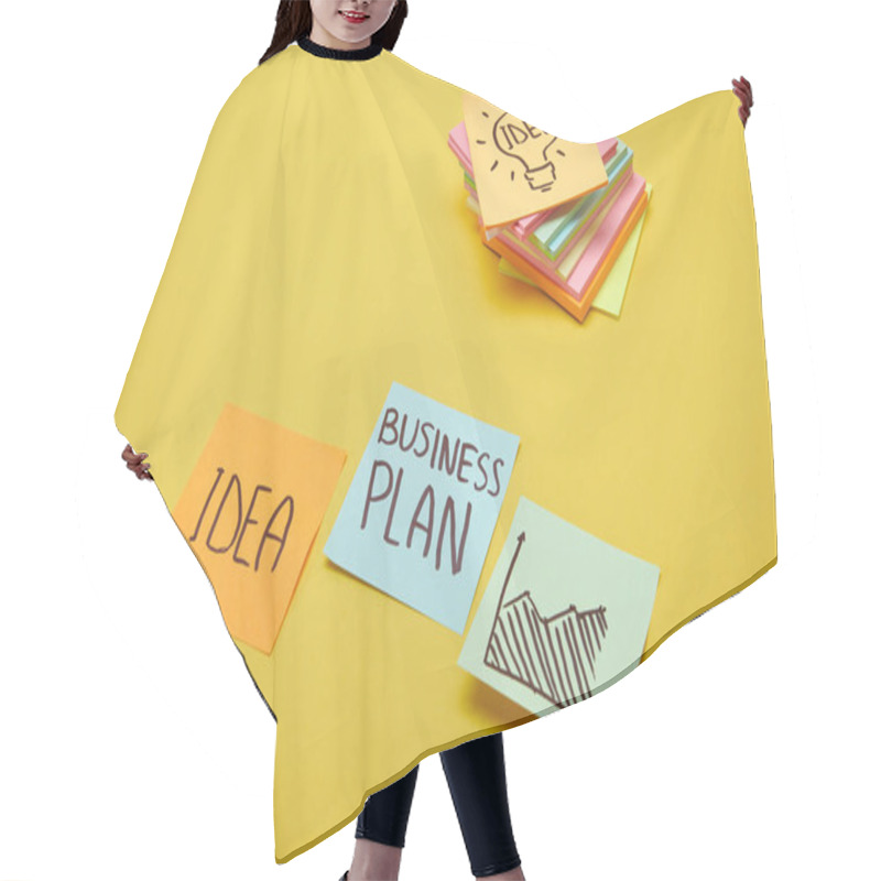 Personality  Paper Stickers With Words Business Plan, Idea And Chart Sign On Yellow Surface Hair Cutting Cape