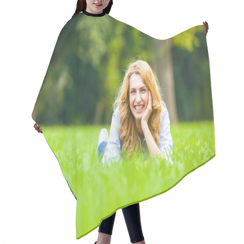 Personality  Smiling Blonde Woman In Green Grass Showing Love Hair Cutting Cape