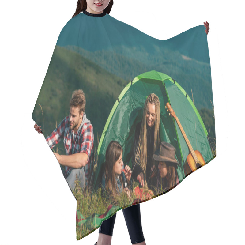 Personality  Young People On Camping Trip. Healthy Lifestyle And Eco Tourism. Group Of Happy Friends In Tent Eating Summer Fruits At Camping Hair Cutting Cape