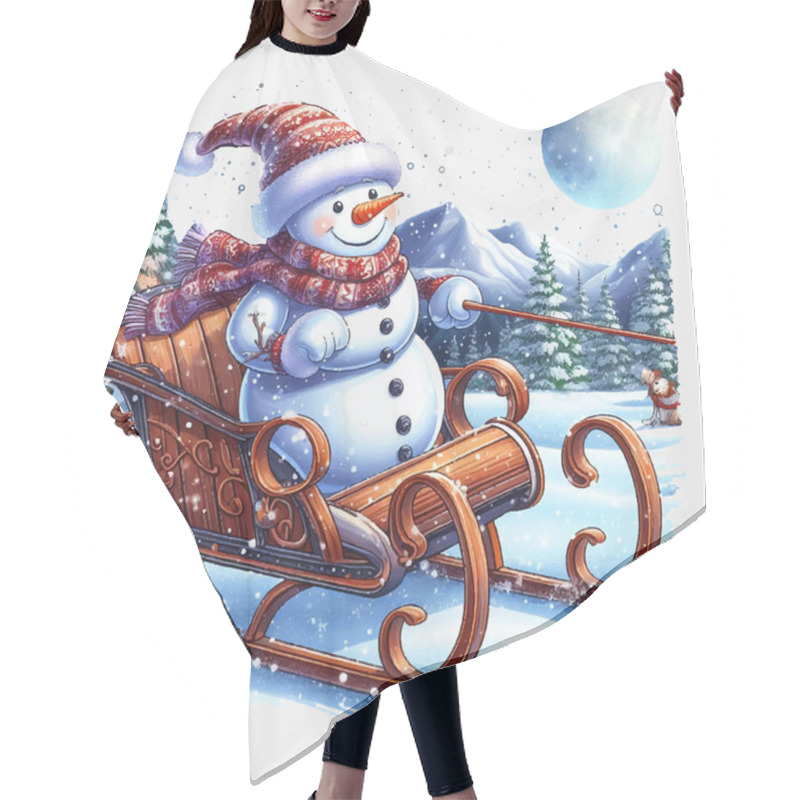 Personality  Snowman On A Sleigh Ride Vector File, Christmas Scene, Santa, Christmas Holiday, Vector Illustration File Hair Cutting Cape