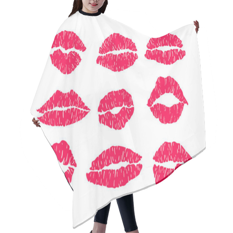 Personality  Red Mark Kisses Lipstik Pink Mouth Set. Hand Drawn Shape Beauty Sexy Silhouette Isolated On White Background. Vector Icon. Hair Cutting Cape