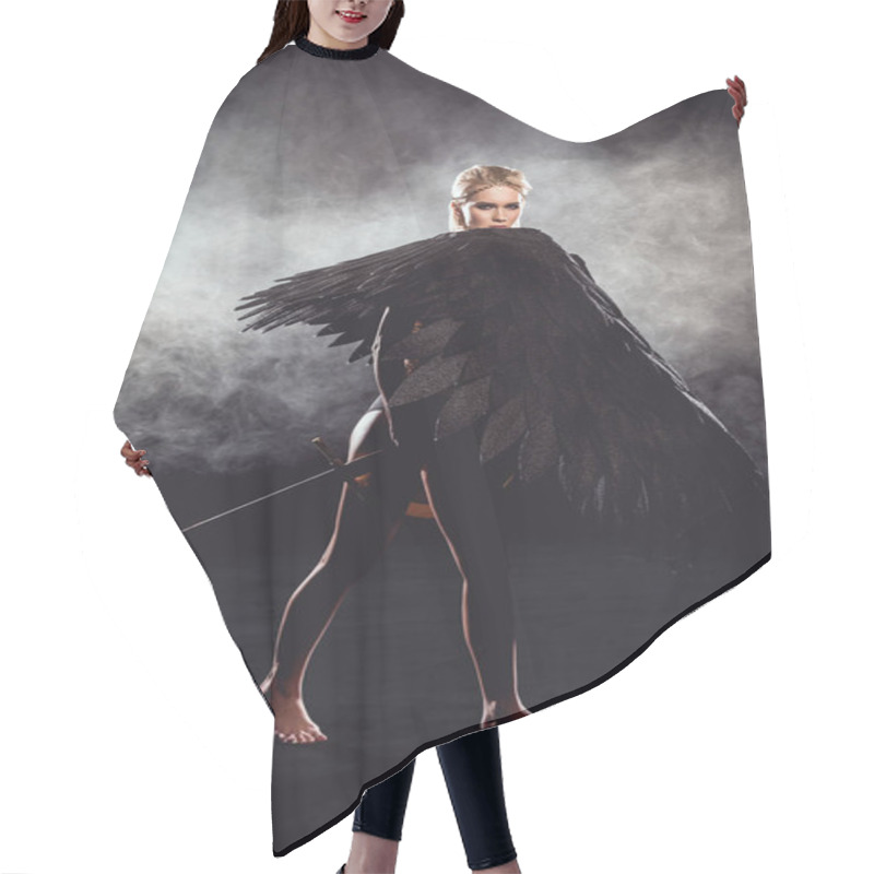 Personality  Beautiful Woman With Angel Wings Holding Sword And Posing On Black Background Hair Cutting Cape