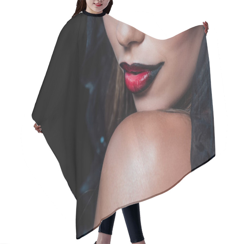 Personality  Cropped View Of Dark Black And Red Lips Isolated On Black Hair Cutting Cape