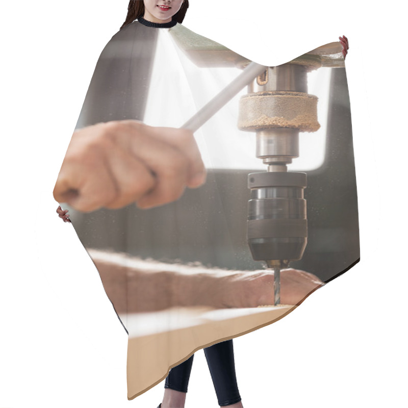 Personality  Woodworker Drilling A Plank With Machinery Hair Cutting Cape