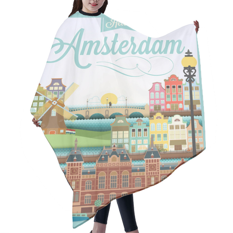 Personality  Retro Style Poster With Amsterdam Symbols And Landmarks Hair Cutting Cape