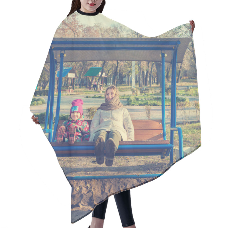 Personality  Joyful Young Mother And Little Daughter In Autumn Park Hair Cutting Cape