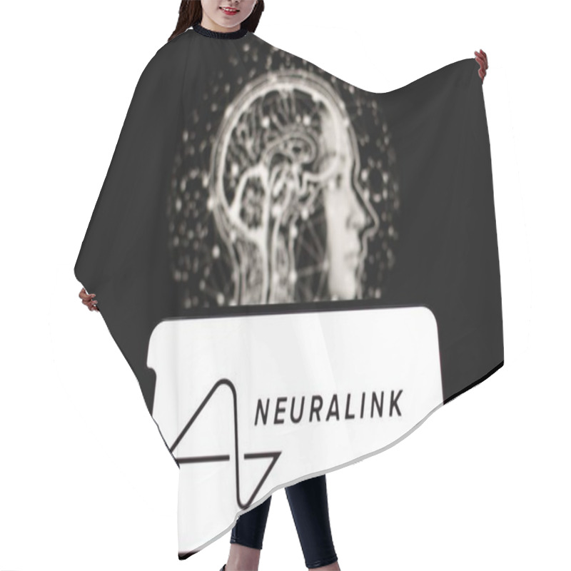 Personality  Indonesia-april 26th 2024: Smartphone With The Logo Of Neuralink Corp, Neurotechnology Company Founded By Elon Musk. Hair Cutting Cape