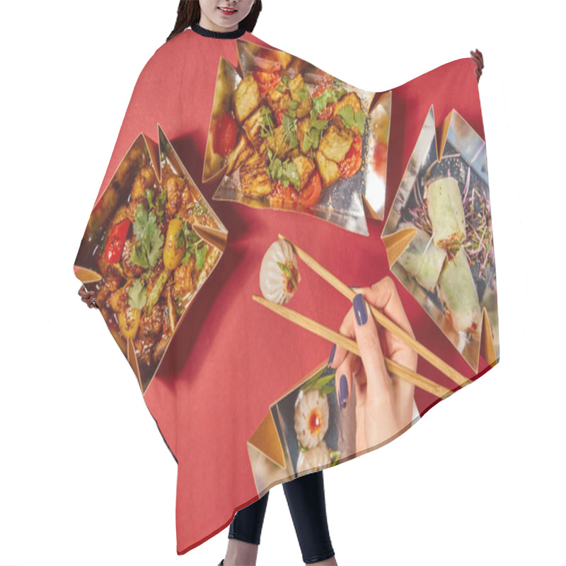 Personality  Top View Of Woman Holding Chopsticks With Steamed Bun Near Tasty Chinese Food In Takeaway Boxes On Red Hair Cutting Cape