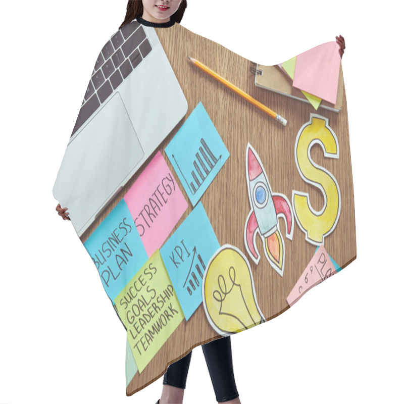 Personality  Elevated View Of Paper Stickers With Business Plan, Paper Signs And Laptop On Table At Home Hair Cutting Cape