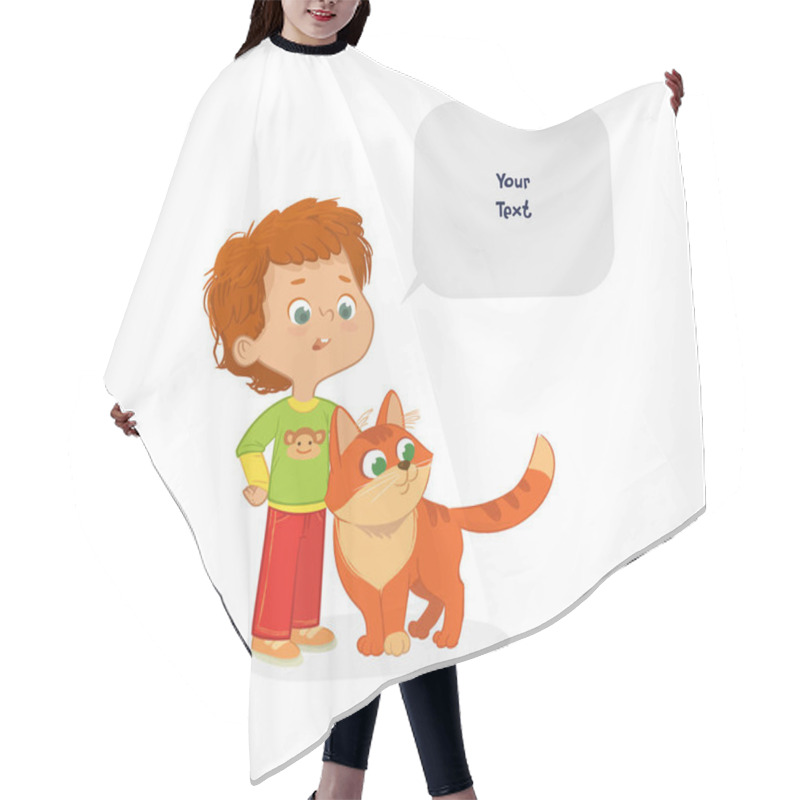 Personality  The Boy With The Pet Cat. Caring For Domestic Animals Concept. School Boy And His Pet Red Cat And Speech Bubble With Place For Text Isolated On White Background. Hair Cutting Cape