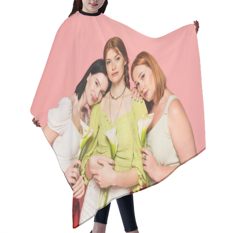 Personality  Stylish Body Positive Women Holding Calla Lilies On Pink Background  Hair Cutting Cape