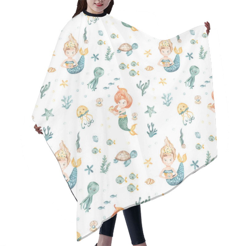 Personality  Cute Mermaid Girl With Fish, Shell, Fish, Starfish, Algae, Corals, Seashells On A White Background Watercolor Seamless Pattern Hair Cutting Cape