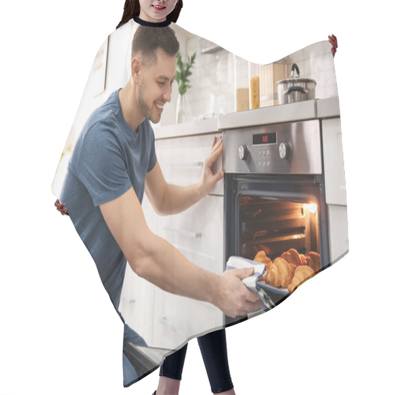 Personality  Man Taking Baking Tray With Delicious Croissants Out Of Electric Oven In Kitchen Hair Cutting Cape