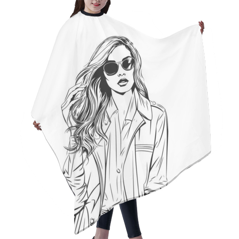 Personality  Beautiful Woman In Sunglasses, Sketch, Fashion Illustration. Fashion Girls Sketch. Hair Cutting Cape