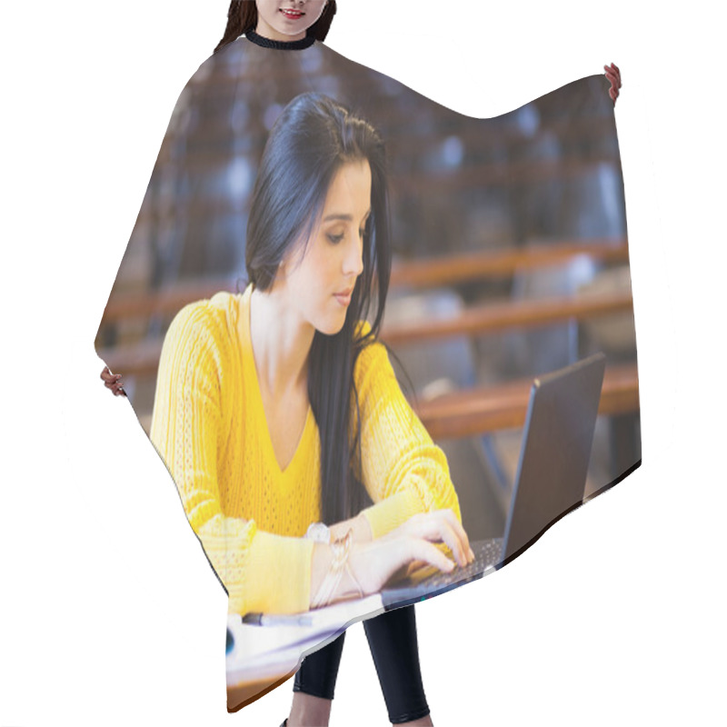 Personality  University Student Using Laptop In Classroom Hair Cutting Cape