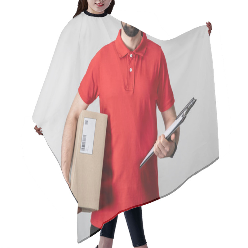 Personality  Cropped View Of Bearded Courier Holding Clipboard And Cardboard Package Isolated On Grey Hair Cutting Cape