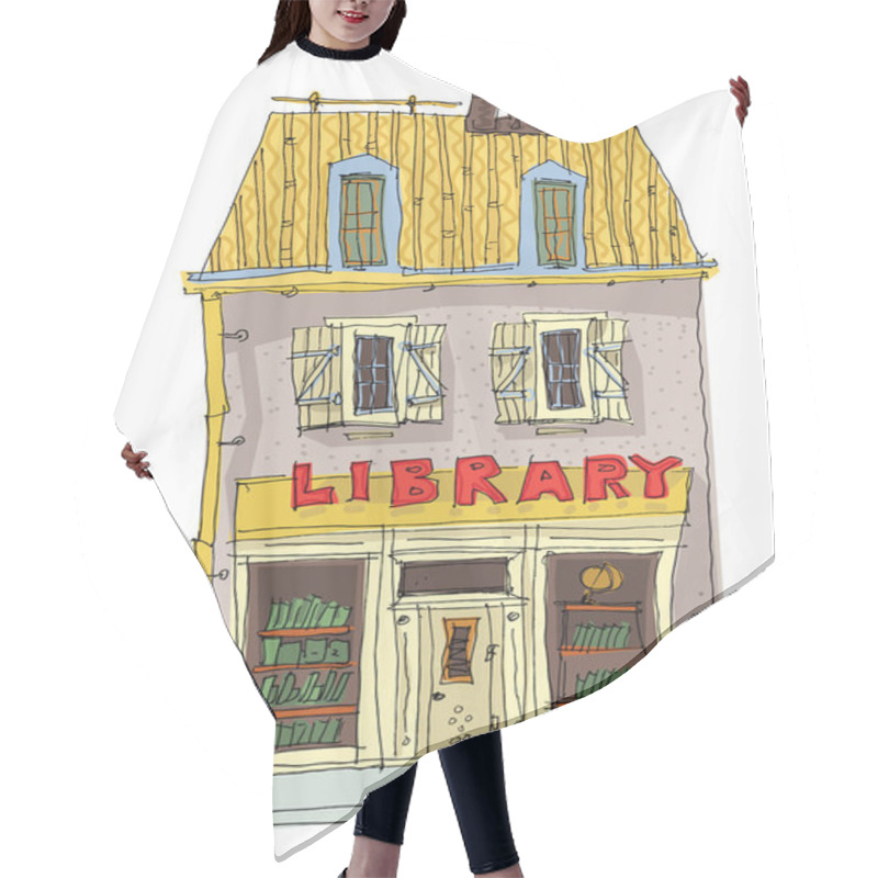 Personality  A Small Ancient Building With A Library Or A Bookstore On The First Floor. Cartoon Hair Cutting Cape