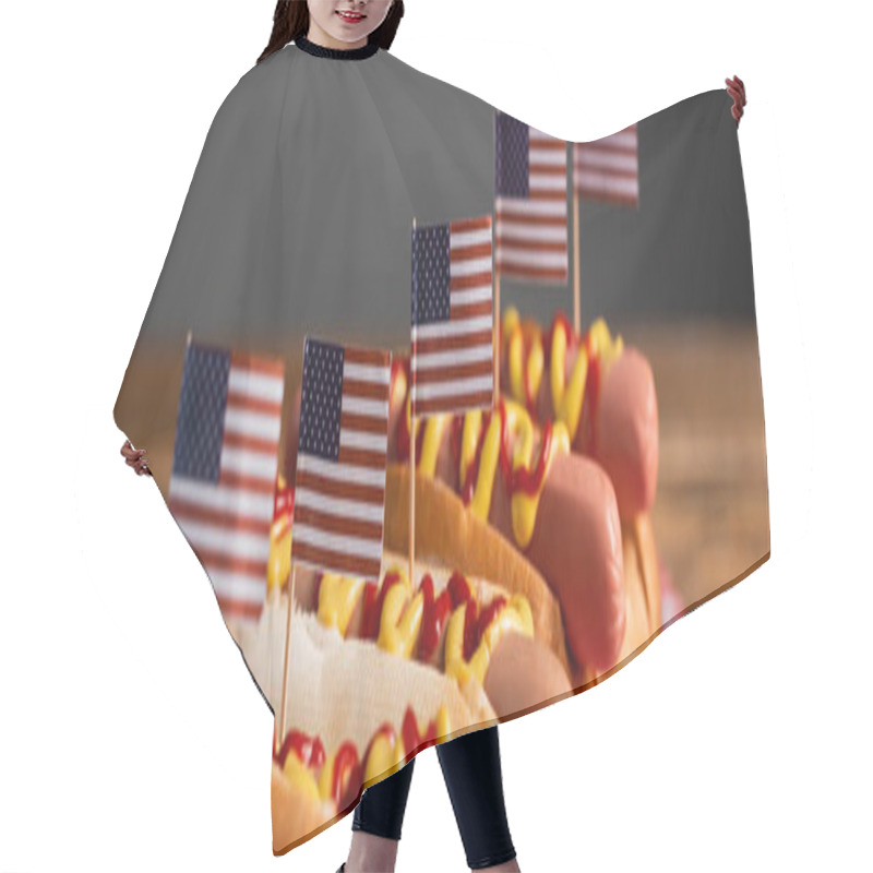 Personality  Tasty Hot Dogs With Ketchup, Mustard And Small Usa Flags Isolated On Grey, Banner Hair Cutting Cape