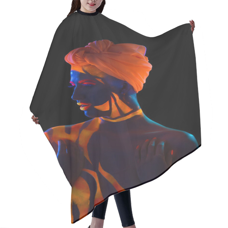 Personality  Portrait Of Topless Woman With Body Art And Turban Hair Cutting Cape