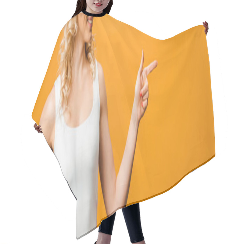 Personality  Panoramic Shot Of Blonde Woman Pointing With Finger On Orange  Hair Cutting Cape