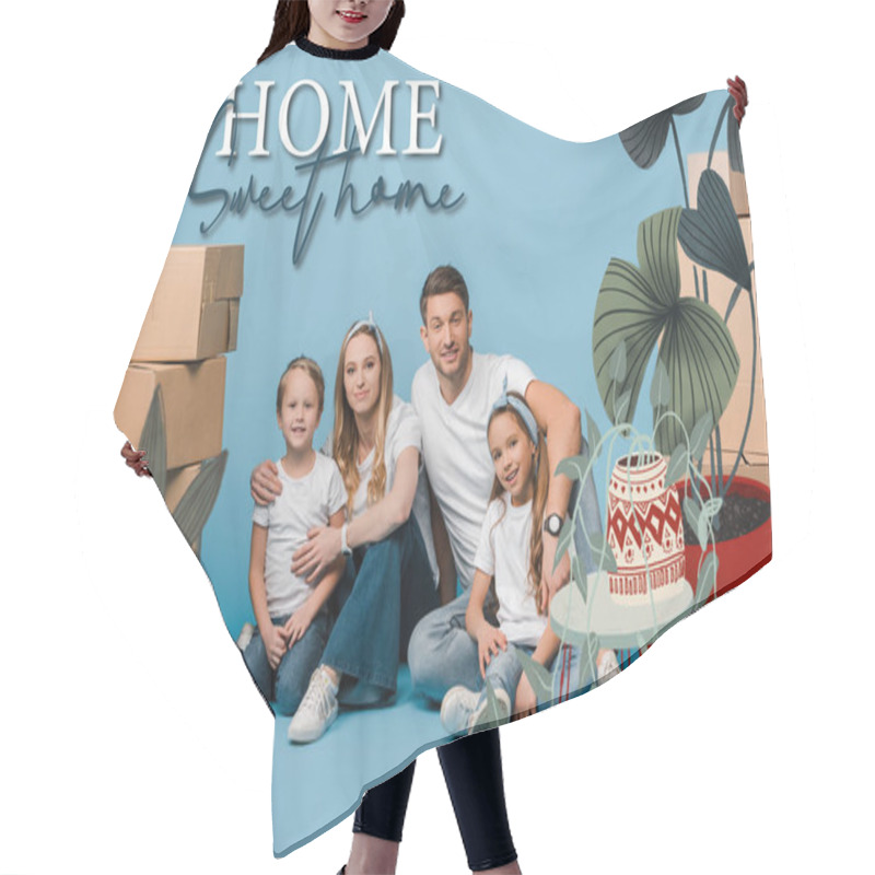 Personality  Happy Parents Hugging Kids And Sitting On Blue With Cardboard Boxes For Relocation, Home Sweet Home And Plants Illustration Hair Cutting Cape