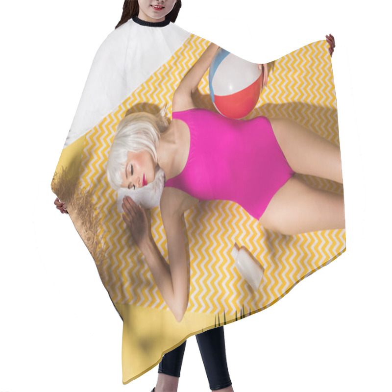 Personality  Top View Of Girl In Wig And Pink Swimsuit With Ball Lying On Yellow Towel Hair Cutting Cape