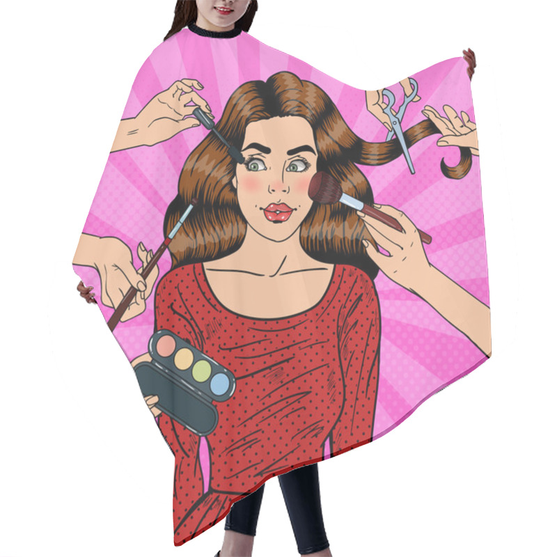 Personality  Many Hands Doing Glamour Make Up For Young Woman. Pop Art Vector Illustration Hair Cutting Cape