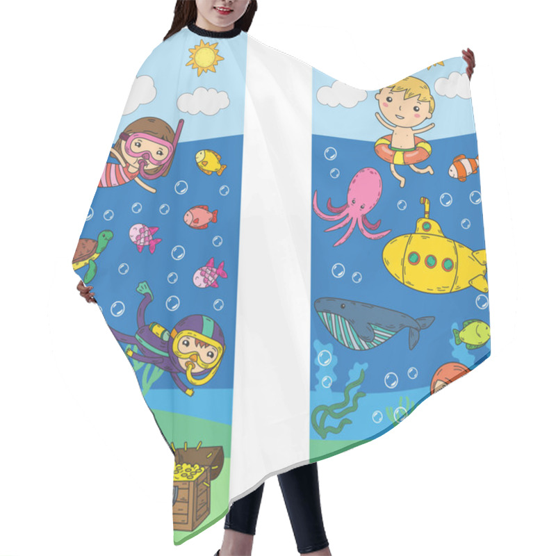 Personality  Underwater. Kids Waterpark. Sea And Ocean Adventure. Summertime. Kids Drawing. Doodle Image. Cartoon Creatures With Children. Boys And Girls Swimming Hair Cutting Cape