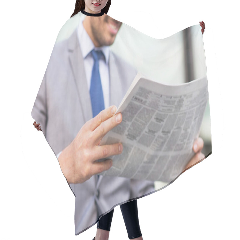 Personality  Close Up Of Smiling Businessman Reading Newspaper Hair Cutting Cape