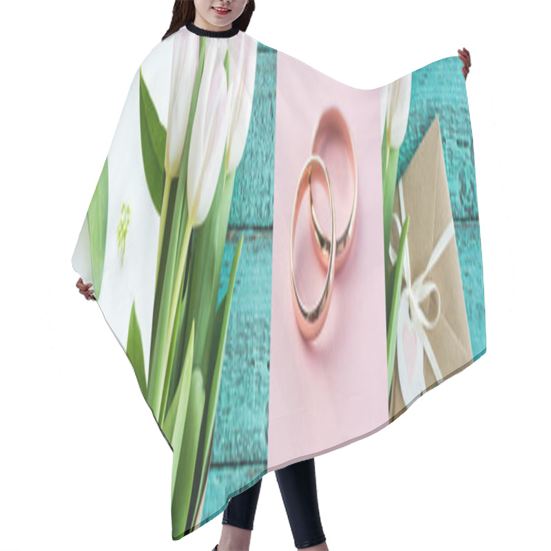 Personality  Collage Of Green Leaves, White Tulips, Golden Wedding Rings And Envelope  Hair Cutting Cape