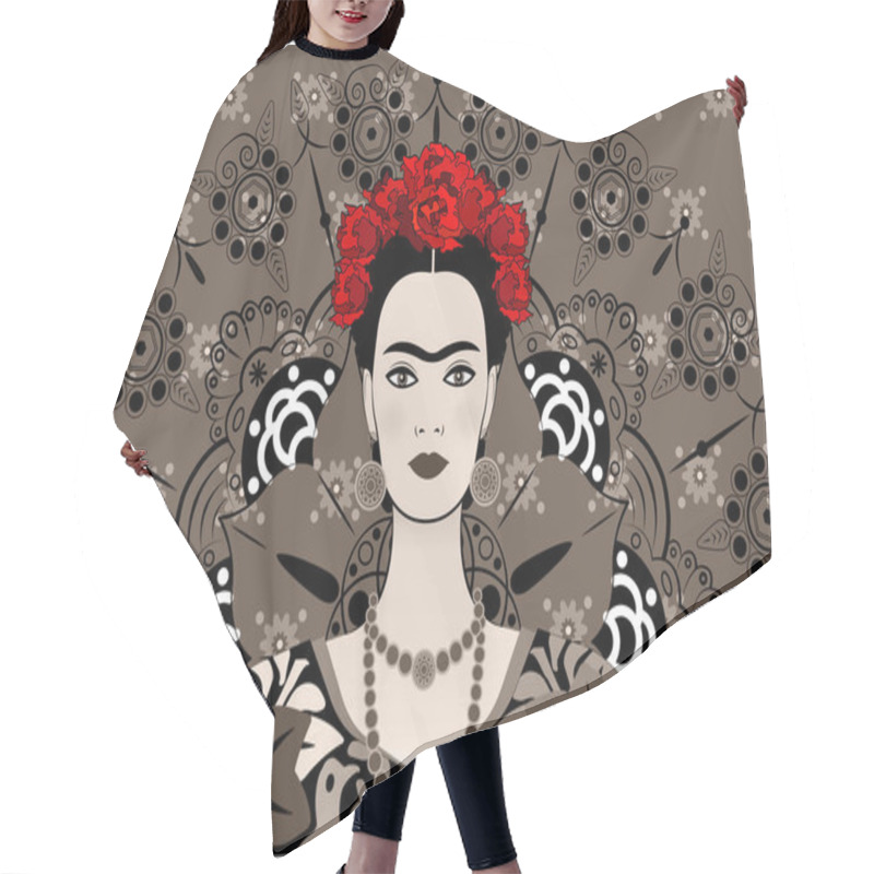 Personality  Frida Kahlo Vector Portrait , Young Beautiful Mexican Woman With A Traditional Hairstyle,  Mexican Crafts Jewelry And Dress, Vector Decorated Mandala Background  Hair Cutting Cape