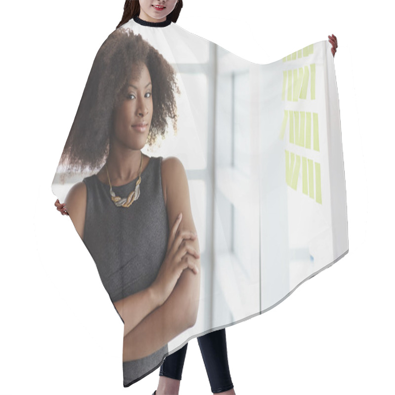 Personality  Portrait Of A Smiling Business Woman With An Afro In Bright Glass Office Hair Cutting Cape