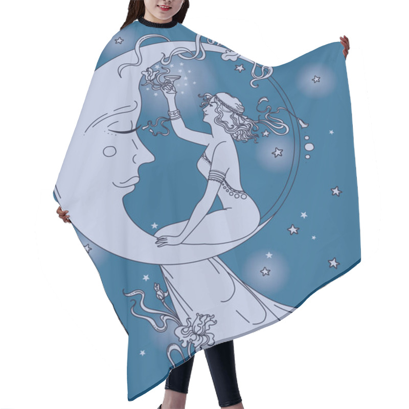 Personality  Beautiful Poster In Art Nouveau Style With Party Woman And Moon In Starry Sky Hair Cutting Cape