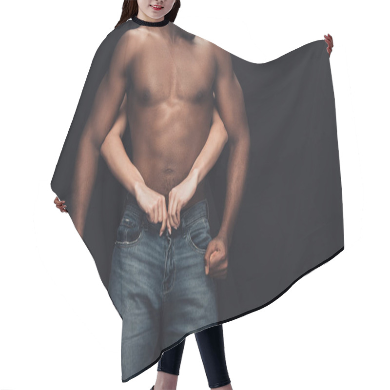 Personality  Cropped View Of Sexy Woman Hugging And Undressing Shirtless African American Man Isolated On Black With Copy Space Hair Cutting Cape