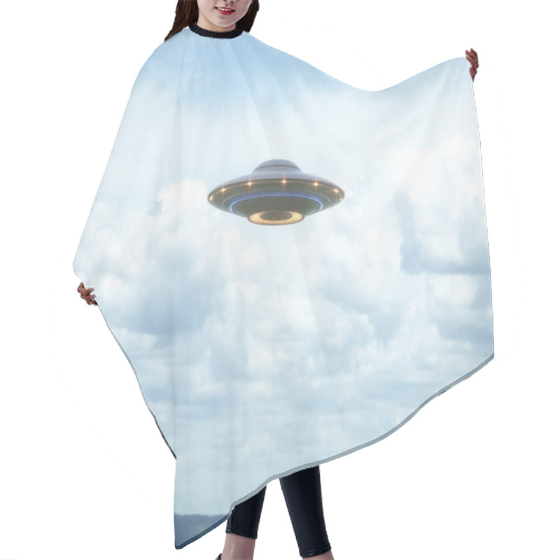 Personality  Unidentified Flying Object. UFO With Clipping Path Included. 3D Illustration In Real Picture. Hair Cutting Cape