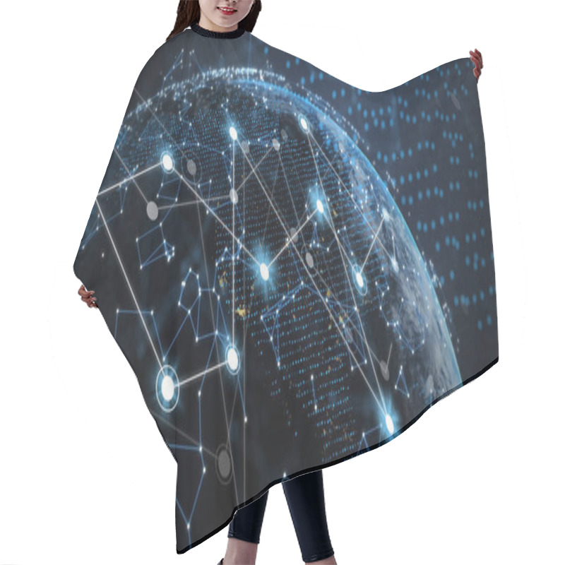 Personality  Image Of Connections And Globe On Black Background. Global Network, Data, Communication And Technology Concept Digitally Generated Image. Hair Cutting Cape