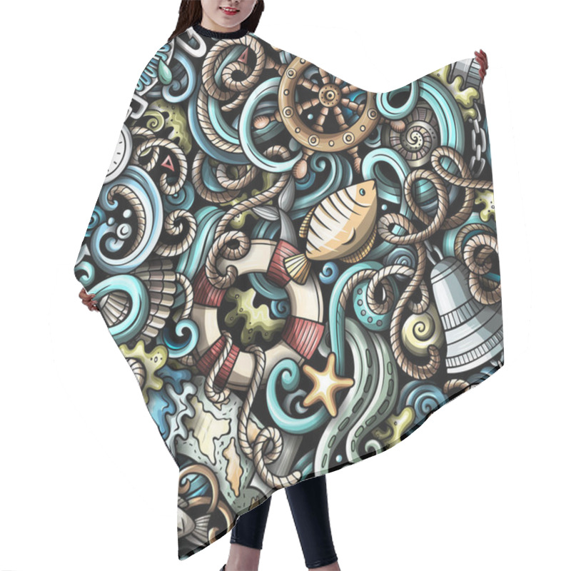 Personality  Cartoon Doodles Nautical Seamless Pattern. Backdrop With Maritime Symbols And Items. Colorful Detailed Background For Print On Fabric, Textile, Phone Cases, Wrapping Paper. All Objects Separate. Hair Cutting Cape