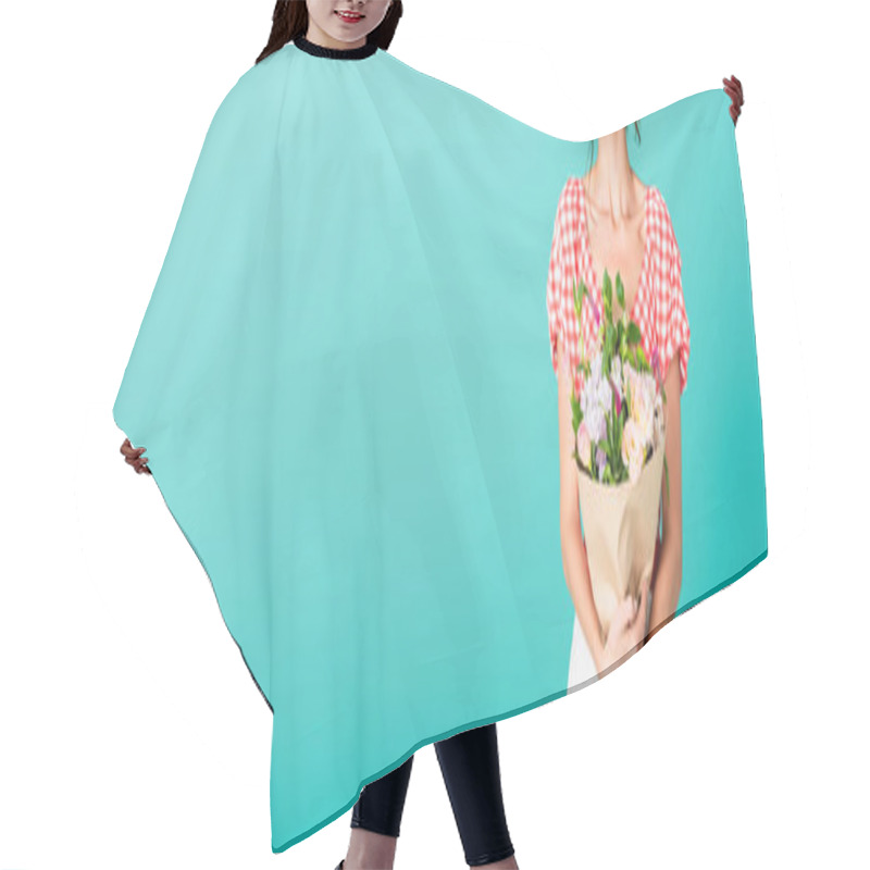 Personality  Cropped View Of Pin Up Woman Holding Fresh Flowers Isolated On Turquoise, Banner Hair Cutting Cape