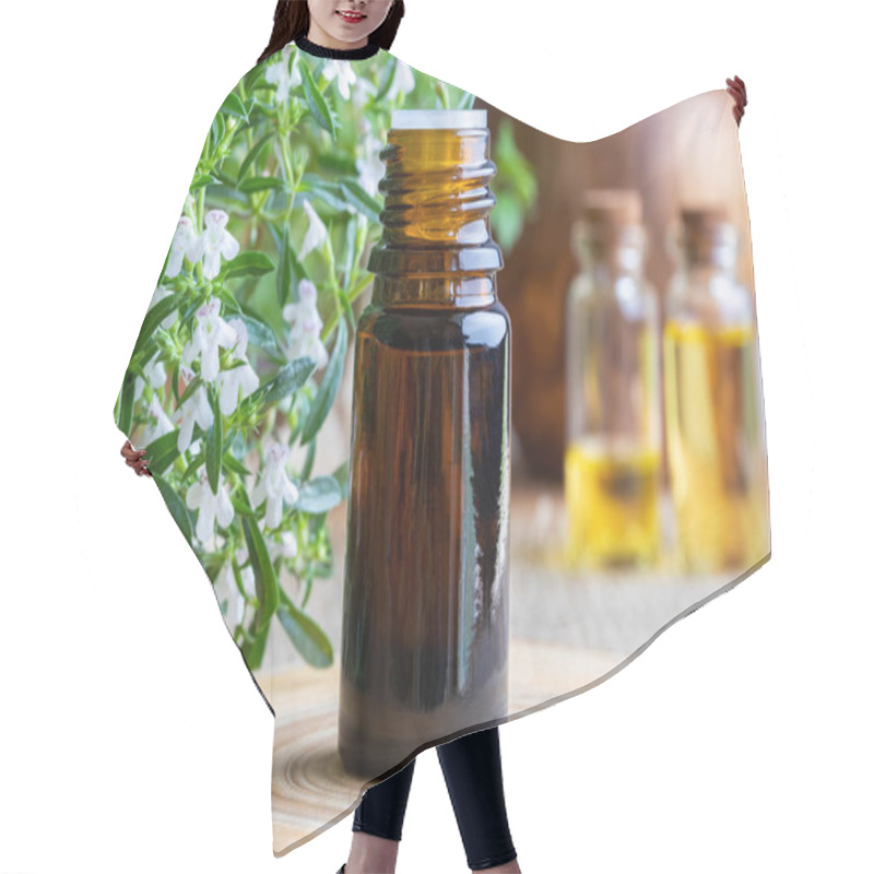 Personality  A Bottle Of Mountain Savory Essential Oil With Fresh Blooming Satureja Montana Plant Hair Cutting Cape