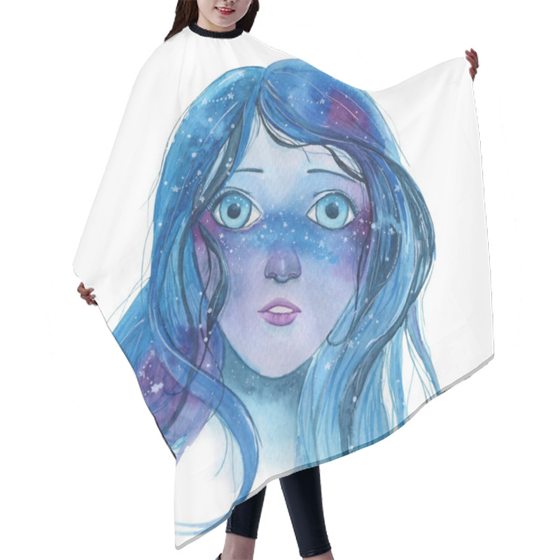 Personality  Watercolor Illustration Of A Young Attractive Woman With Blue Hair, Looking On The Stars Hair Cutting Cape