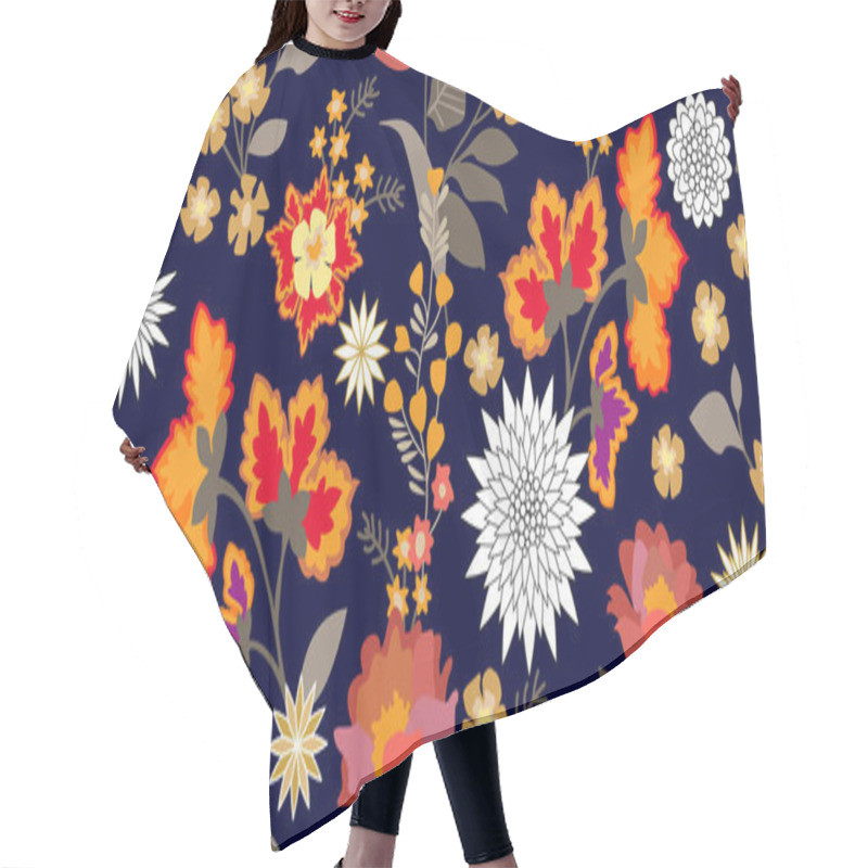 Personality  Colorful Fantasy Folk Art Style Flourish Border. Seamless Floral Pattern With Blooming Flowers And Grey Leaves.  Hair Cutting Cape