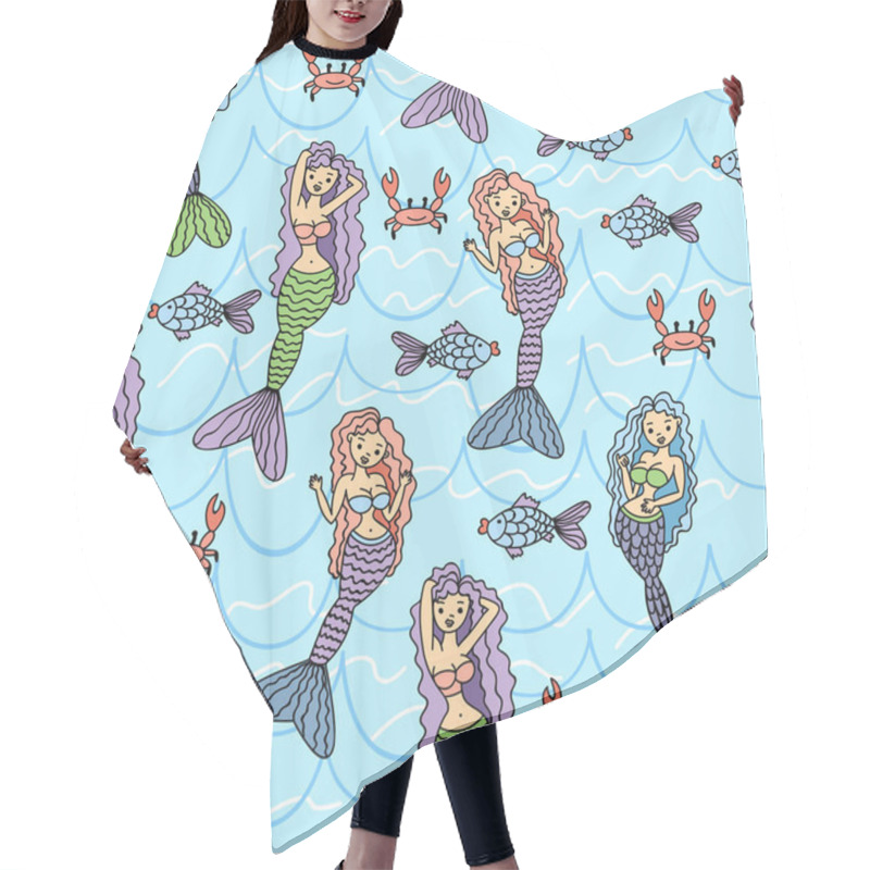 Personality  Cute Vector Background With Marine Inhabitants. Seamless Pattern With Sea Life And Fish, Mermaid, Crab.  Hair Cutting Cape