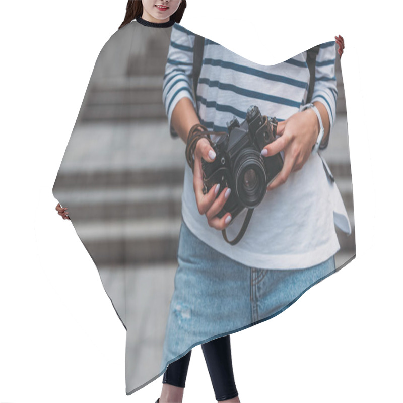 Personality  Cropped View Of Woman In Casual Holding Digital Camera Hair Cutting Cape