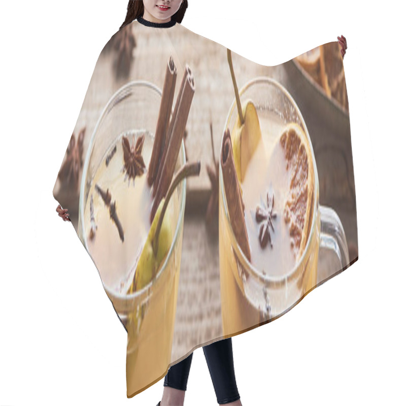 Personality  Pear Mulled Wine With Spices And Dried Citrus On Wooden Table, Panoramic Shot Hair Cutting Cape