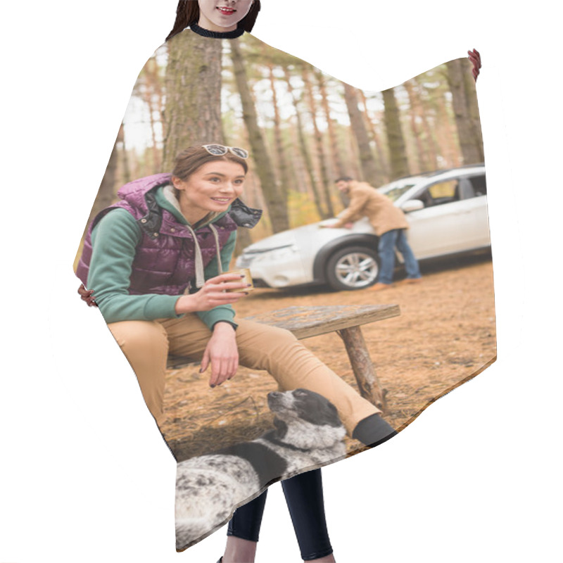 Personality  Smiling Woman With Hot Drink In Forest Hair Cutting Cape