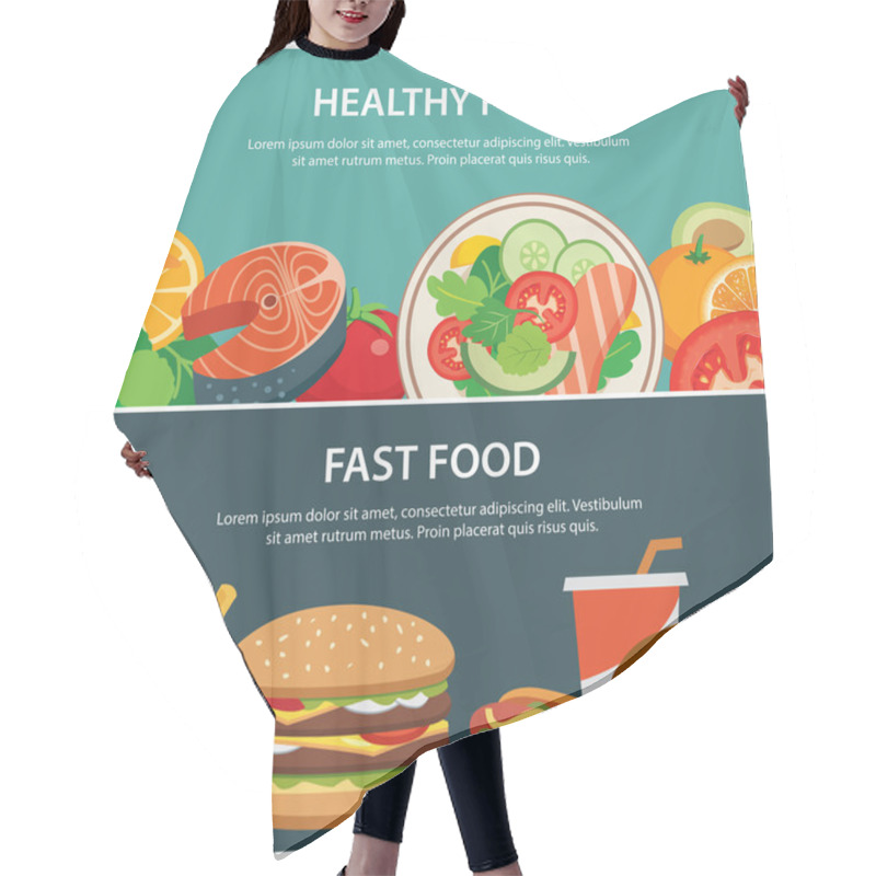 Personality  Healthy Food And Fast Food Concept Banner Flat Design Hair Cutting Cape